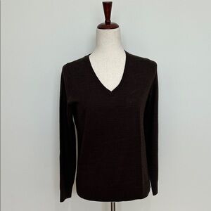 Talbots Dark Brown Merino Wool V-Neck Sweater Size Medium Petite EUC
